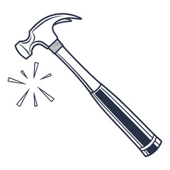 Stylized illustration of a claw hammer with radiating lines indicating impact or action