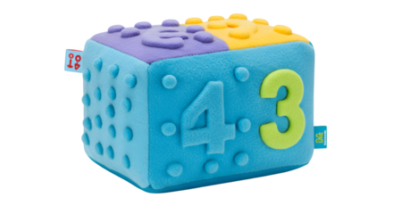 Colorful plush cube with textured surface displays numbers. Used for children's learning, product photography, and educational materials.