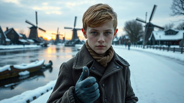 Portrait of Hans Brinker with calm expression against a frozen canal and Dutch winter landscape with windmills, illustration for "Hans Brinker, or the Silver Skates"