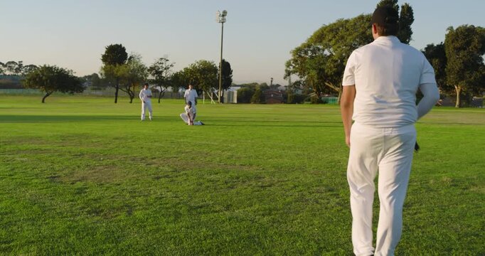 Entering crease with bat at park, diverse male teammates bowling red ball, celebrating and exiting