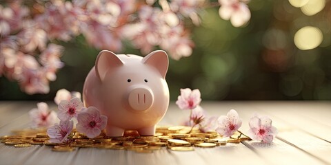Pink piggy bank surrounded by gold coins and cherry blossoms with soft bokeh background in a warm light setting