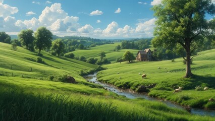 Fototapeta premium Lush green hills, serene valley