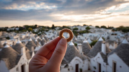 Tarallo Cracker Held Against a Scenic View of Alberobello's Trulli Houses