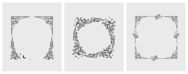 Hand drawn vector abstract outline,graphic,line vintage baroque ornament floral frame in calligraphic elegant modern style.Baroque floral vintage outline design concept.Vector antique frame isolated.