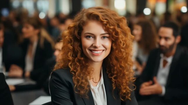 A woman with beautiful curly hair smiles warmly while participating in a business event in a bustling urban venue. The atmosphere is lively, filled with networkers
