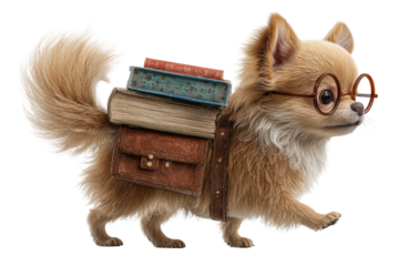 Side Angled View of Dog Walking with Books Under Arm School Theme Transparent Background