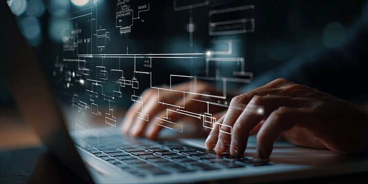 Hands Using Laptop with Flowchart Graphics Overlaid on Digital Screen for Business Strategy Planning