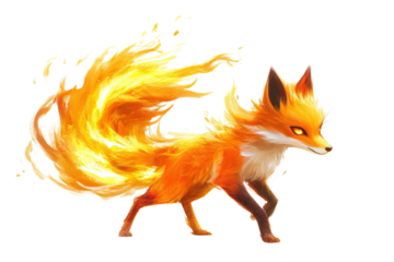 A vibrant, animated fox with flaming fur exudes energy and magic.