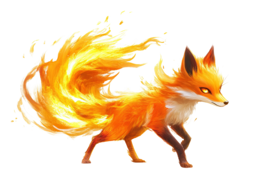 A vibrant, animated fox with flaming fur exudes energy and magic.