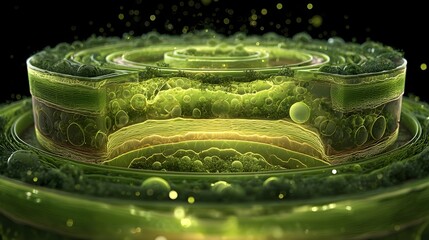 Ultra realistic 3 D cross section of layered green organic matter with glowing particles and bubbles