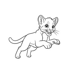 Playful Mountain Lion Cub: A charming illustration of a young mountain lion cub in mid-leap, captured with an adorable and playful energy, ready for coloring.
