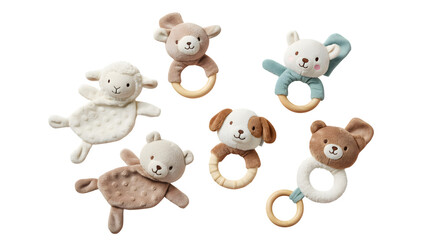 Plush baby rattles offer a soft, textured surface. Featuring stuffed animals in natural light, ideal for product photography or baby store branding.