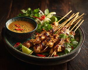 Grilled Thai Chicken Satay Sticks with Peanut Dipping Sauce and Fresh Lime Garnish