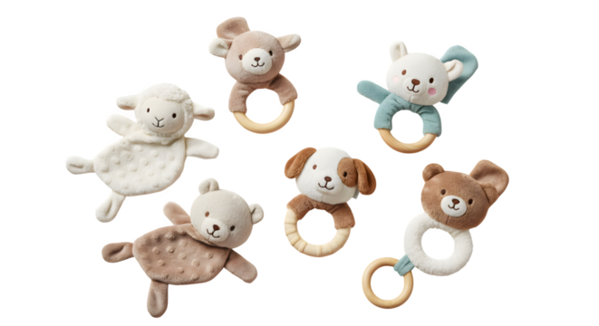 Plush baby rattles offer a soft, textured surface. Featuring stuffed animals in natural light, ideal for product photography or baby store branding.