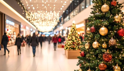 A festive Christmas tree with decorations stands in a busy shopping mall, with a blurred background of people and holiday lights.