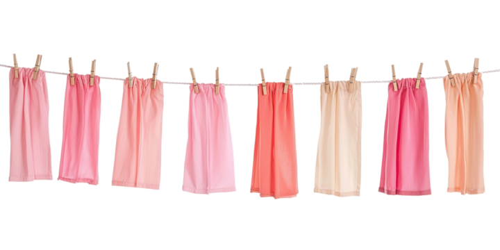 A row of pink and peach-colored towels hanging on a clothesline with wooden clothespins. - Powered by Adobe