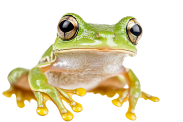 A vibrant green tree frog with bright yellow hands and striking eyes, showcasing its unique features.