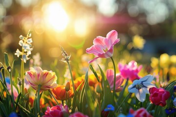 Vibrant field of blooming flowers in various colors, illuminated by warm sunlight, creating a serene and picturesque natural landscape filled with beauty and tranquility