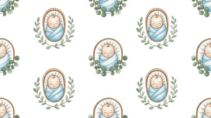 Seamless pattern of sleeping babies in baskets with leaf wreaths