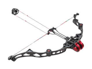A compound bow is the centerpiece of this photorealistic image, its intricate mechanics and sleek design highlighting the precision and power of archery.