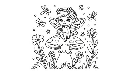 Naklejka premium Enchanting Fairy on Mushroom in Flower Garden - Line Art Illustration