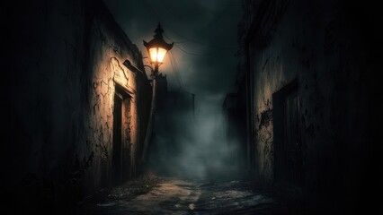 Misty alleyway at night