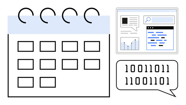 Calendar with grid layout, screen showcasing data analytics, and binary code in speech bubble. Ideal for productivity, scheduling, data management, coding, tech concepts, teamwork simple landing