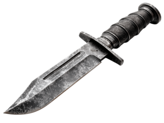 A close-up shot of a weathered, vintage combat knife, exhibiting the battle-worn details and rustic appeal of a timeless weapon