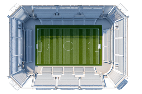 Top Down 3D Miniature Soccer Arena with Full Stands Green Pitch Isolated on White