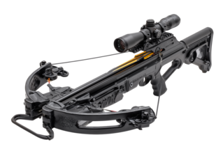 A detailed shot of a precision-engineered crossbow, highlighting the intricate design, optical scope, and sleek, modern aesthetics. 
