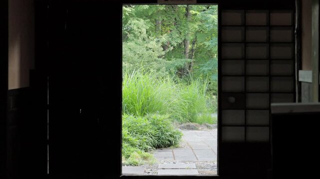 Looking out from the Entrance of an Folk House, Stepping Stones and Grasses in a Small Garden | Tateshina, Nagano, Japan