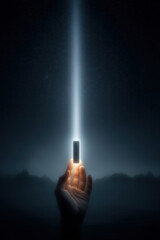 Mysterious Human Hand Holding Glowing Object Light Beam Energy Future Technology Concept Night Sky Stars