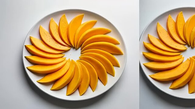 Sliced mango arranged in a circular pattern on a white plate, showcasing vibrant colors and textures