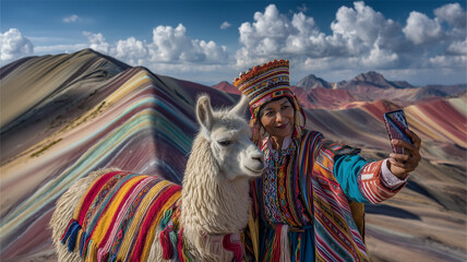 Starsza rdzenna mieszkanka Peru w tradycyjnym stroju robi sobie selfie z lamą na tle Gór Tęczowych Vinicunca.

