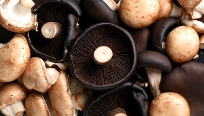 A delectable collection of diverse mushrooms showcased in a rustic flat lay arrangement