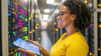 Female big data engineer walking through a glowing data center aisle with a tablet, surrounded by pulsating server lights. Data scientist