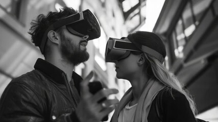 Couple wearing virtual reality headsets and sharing a moment. - Powered by Adobe