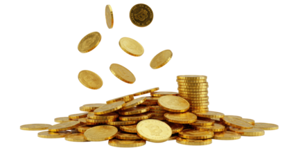 Gleaming gold coins of varied sizes, meticulously piled with others falling, on a bright white background with soft studio light, concept of financial success and wealth accumulation