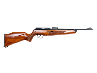 A detailed, high-angle shot of an air rifle. highlighting its refined wooden stock, sleek barrel, and the sense of power and precision it embodies.