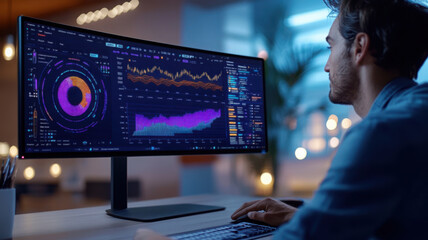 Calm and confident man in a modern workspace with a vertical monitor displaying real-time data-driven SaaS UI. Data scientist