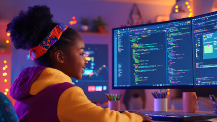 Young black female developer sitting at a vibrant desk with python code and live dashboard. Data scientist