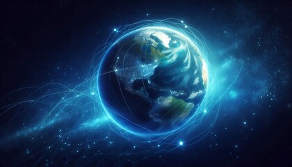 Global Network Communication and Data Connectivity Represented by Earth in Space with Interconnected Lines and Nodes Highlighting Digital Information Flow and Technological Advancement