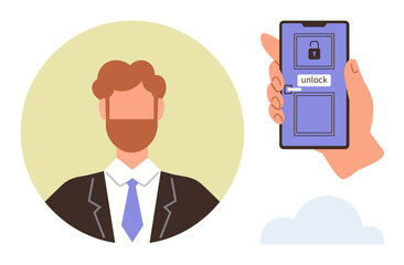 Businessman profile next to a smartphone with a door lock interface and unlock text, symbolizing digital security. Ideal for biometric access, authentication, privacy, technology, business, identity
