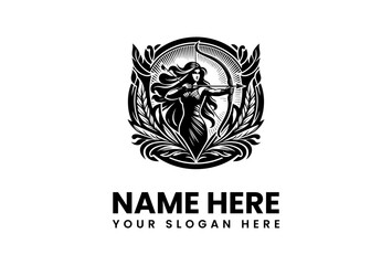 Stylized Archer Woman with Bow and Arrow in Decorative Floral Frame.