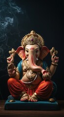 Lord Ganesha Idol: A Majestic Sculpture in Vibrant Hues with Incense Smoke