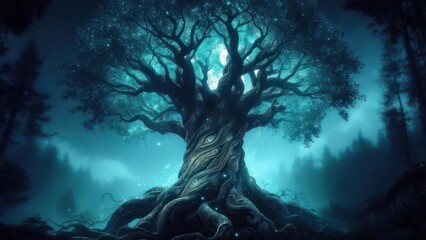 Mystical glowing ancient tree in a dark forest