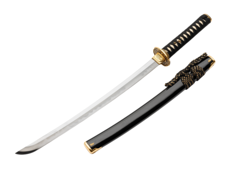 A studio shot features a traditional Japanese katana, showcasing its elegant craftsmanship, sharp blade, and historical significance. 