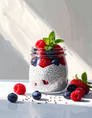 Chia pudding in a glass jar with berries and mint
