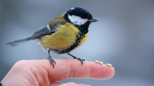 Close-up of a beautiful Great Tit bird perched on a human finger gently eating seeds during a snowy winter day showcasing natures