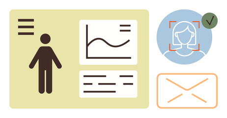 User profile with figure, data charts, facial recognition scan, and envelope icon suggesting email. Ideal for identity verification, security, biometrics, data analysis, communication AI